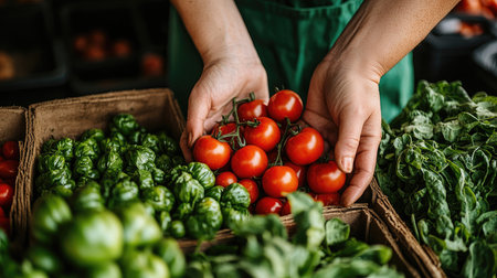 Close up of a greengrocer holding a branch of fresh red tomatoes at a market stall with other vegetablesの素材