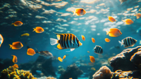 Group of eight-lined butterflyfish swimming over a coral reef in clear blue waterの素材