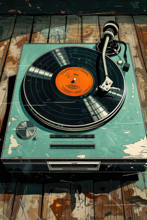 Vintage record player with retro vinyl disc. Old turntable. Retro music technology conceptの素材