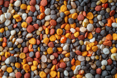 Colorful dry pet food forming a background of healthy nutrition for cats and dogsの素材