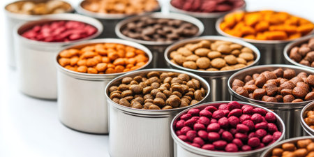 Four metal containers filled with colorful dry dog food, ready to be sold in a new pet shopの素材