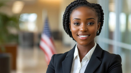A young politician is smiling in a government building with an American flag in the backgroundの素材