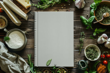 Blank white book cover mock-up on an Italian kitchen table surrounded by fresh herbs and Italian ingredientsの素材