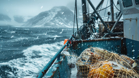Fishing nets with catch on board of a fishing boat sailing in a storm with snow falling on the seaの素材