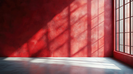 Sunlight is casting geometric shadows from the window on a red wall in an empty roomの素材