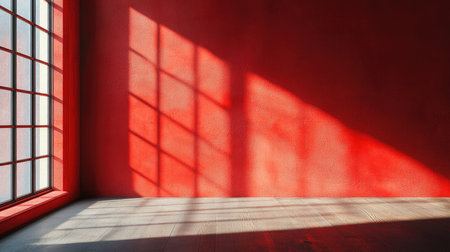 Sunlight is casting geometric shadows from the window on a red wall in an empty roomの素材