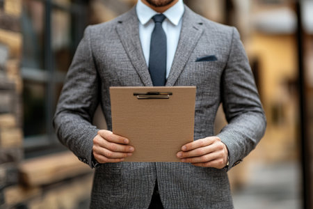 Businessman is standing in the street holding a blank cardboard signの素材