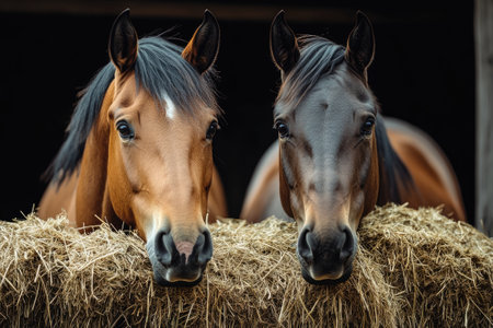 Two horses are eating hay together in a stable with an autumnal forest in the backgroundの素材
