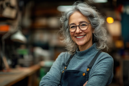 Senior female engineer with gray hair and glasses smiling while standing with arms crossed in a factoryの素材