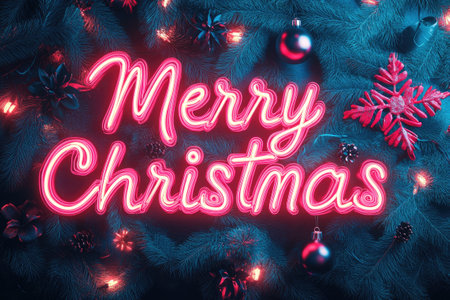 Pink neon sign wishing Merry Christmas on a brick wall with green and red lightsの素材