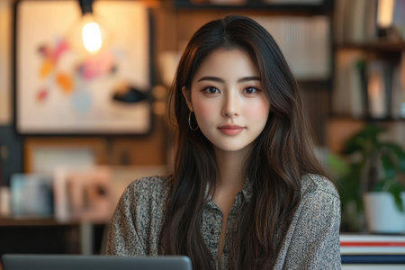 Young asian woman is working remotely from her home office, using a laptop computerの素材