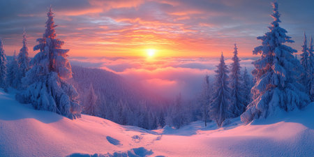 Fresh powder snow covers a mountain landscape as the sun rises over a distant mountain rangeの素材