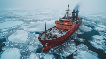 Red icebreaker ship is navigating through icy waters in the arctic ocean, leaving a trail behind itの素材