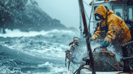 Fisherman wearing protective gear is pulling crab pots on a boat during a storm at seaの素材