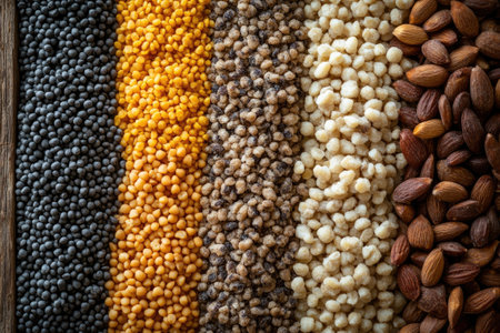 Different types of grains and legumes forming colorful texture on wooden backgroundの素材