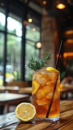 Tall glass of iced tea with lemon, full of ice cubes, is standing on a wooden table in a cafeの素材