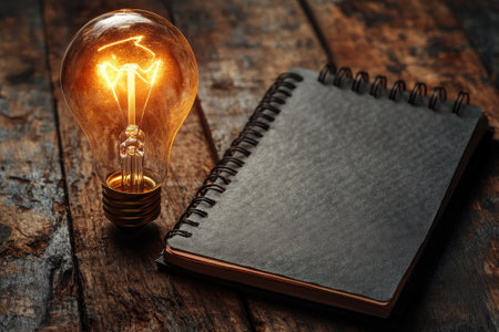 Glowing lightbulb floating over a notebook on a wooden table, symbolizing creativity and inspirationの素材