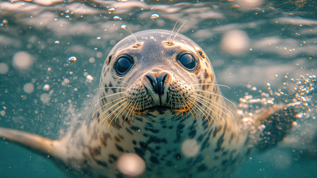 Young harbor seal is swimming underwater in blue ocean waterの素材
