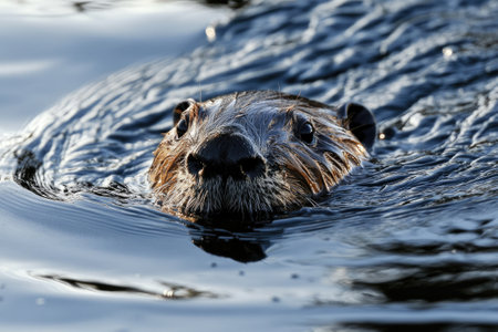 Close-up of a wet Eurasian beaver swimming in a lakeの素材
