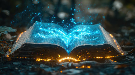 Open magic book glowing with blue light surrounded by sparkling particles laying on the ground in a magical forestの素材