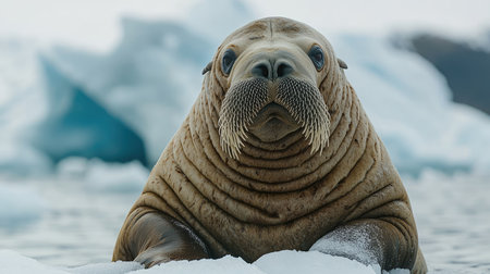 Large walrus with prominent tusks resting on a snow covered beach in the arcticの素材