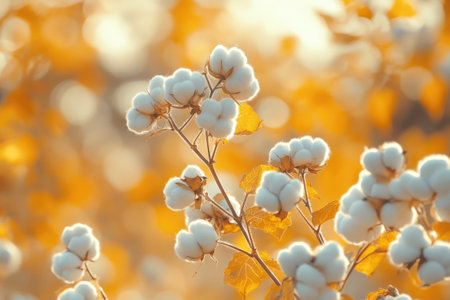 Cotton plant is blooming at sunset creating a warm golden light effectの素材