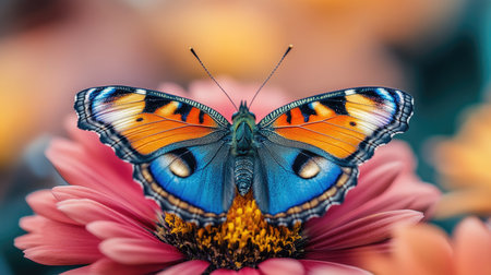 Beautiful peacock butterfly with open wings resting on a pink flower in a field of colorful flowersの素材