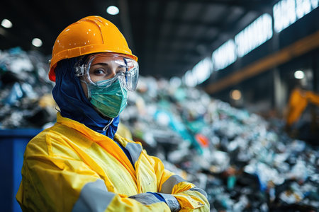 Waste management worker wearing a mask and safety glasses is standing with her arms crossed in a recycling centerの素材