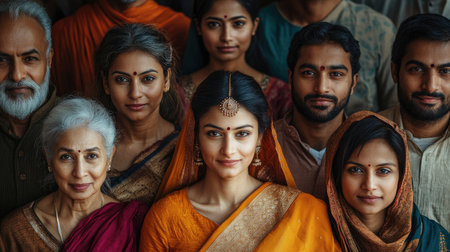 Large Indian family posing together and wearing traditional clothingの素材