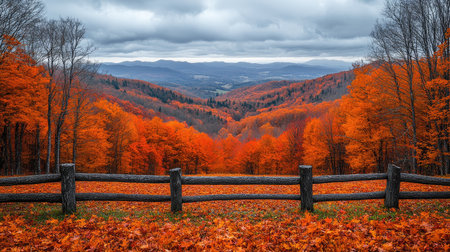 Wooden fence is standing in front of a vast valley covered with colorful autumn foliageの素材
