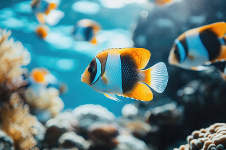 Copperband butterflyfish is swimming in blue water near a coral reef with other similar fish out of focus in the backgroundの素材