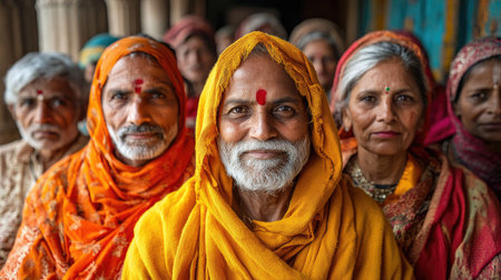 Group of Indian people wearing traditional orange clothing with a bindi on their foreheadの素材