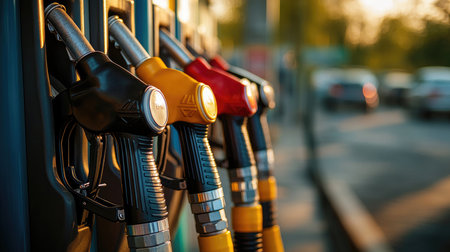 Fuel dispenser standing in a gas station at sunset, waiting for filling vehicle tankの素材