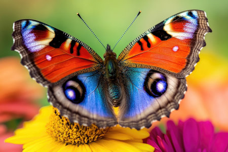 Beautiful peacock butterfly with open wings resting on a pink flower in a field of colorful flowersの素材