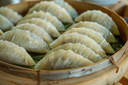 Delicious crystal skin dumplings garnished with coriander are served on a plateの素材