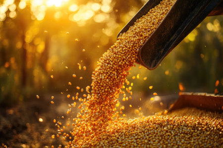Tractor pouring corn grains into truck at sunset during harvest seasonの素材