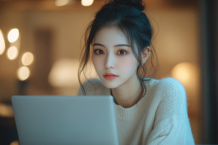 Young asian woman is working remotely from her home office, using a laptop computerの素材