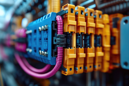 Organized electrical cabinet with colorful terminal blocks and wires, showcasing modern industrial designの素材