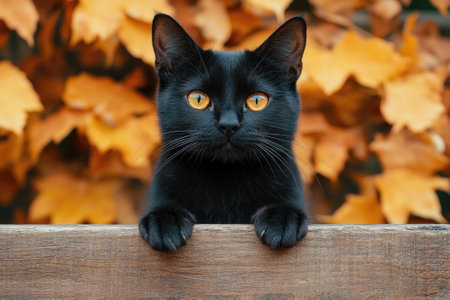 Beautiful black cat with bright yellow eyes is peeking over a wooden board in front of a backdrop of fall foliageの素材