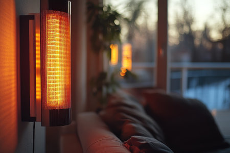 Modern bio fireplace is burning in a cozy living room, creating a warm and inviting atmosphereの素材