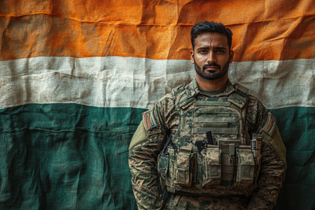 Portrait of a young Indian soldier standing in front of a flagの素材