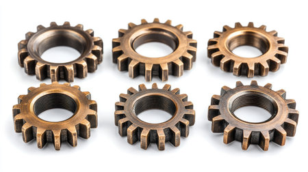 Six metallic gears of different sizes and finishes are interconnected, symbolizing teamwork and collaborationの素材