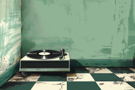 Vintage illustration of an old record player with vinyl records on a checkered floorの素材