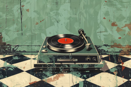 Vintage record player with retro vinyl disc. Old turntable. Retro music technology conceptの素材