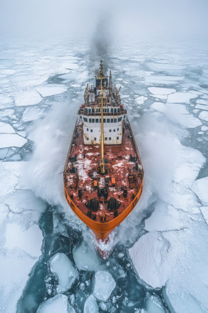 Orange icebreaker ship is navigating through a frozen sea, leaving a trail of broken ice in its wakeの素材