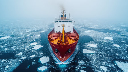 Red icebreaker ship sailing through frozen arctic ocean surrounded by ice floesの素材