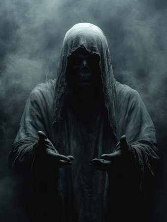 Scary death figure reaching out from the dark with its bony fingersの素材