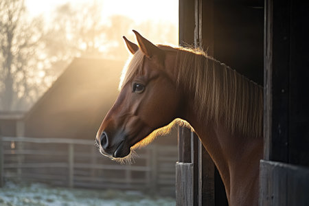 Chestnut horse standing in a stable doorway at sunset, with golden light on its face and maneの素材