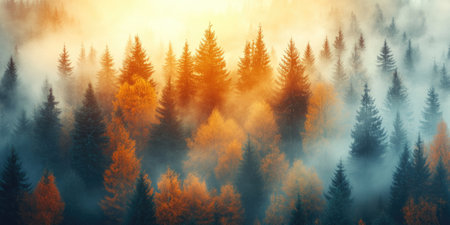 Golden sunlight bathing a misty forest landscape with colorful autumn foliageの素材