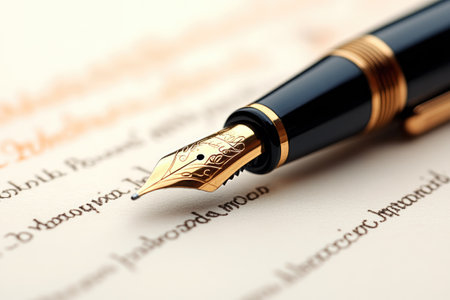 Elegant fountain pen is writing cursive script on a piece of paperの素材